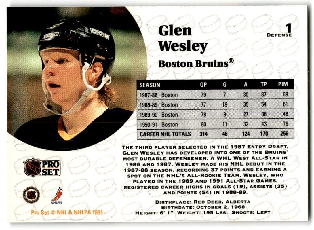 1991-92 Pro Set Glen Wesley Boston Bruins #1