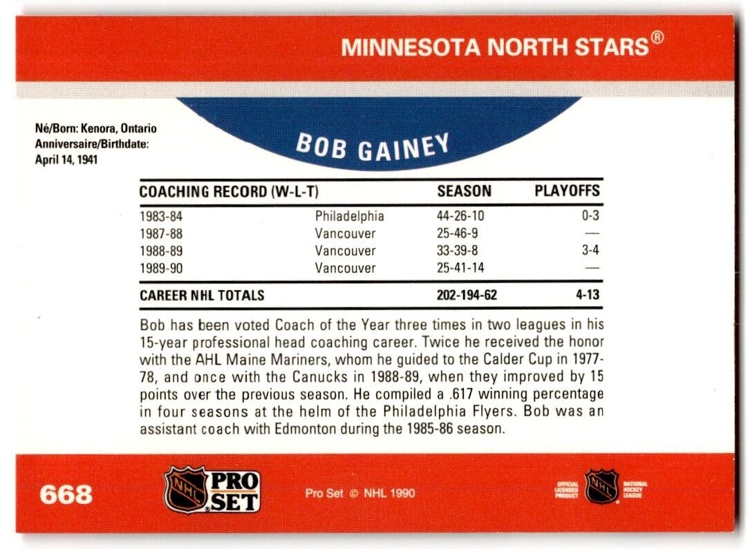 1990-91 Pro Set Bob Gainey Minnesota North Stars #668