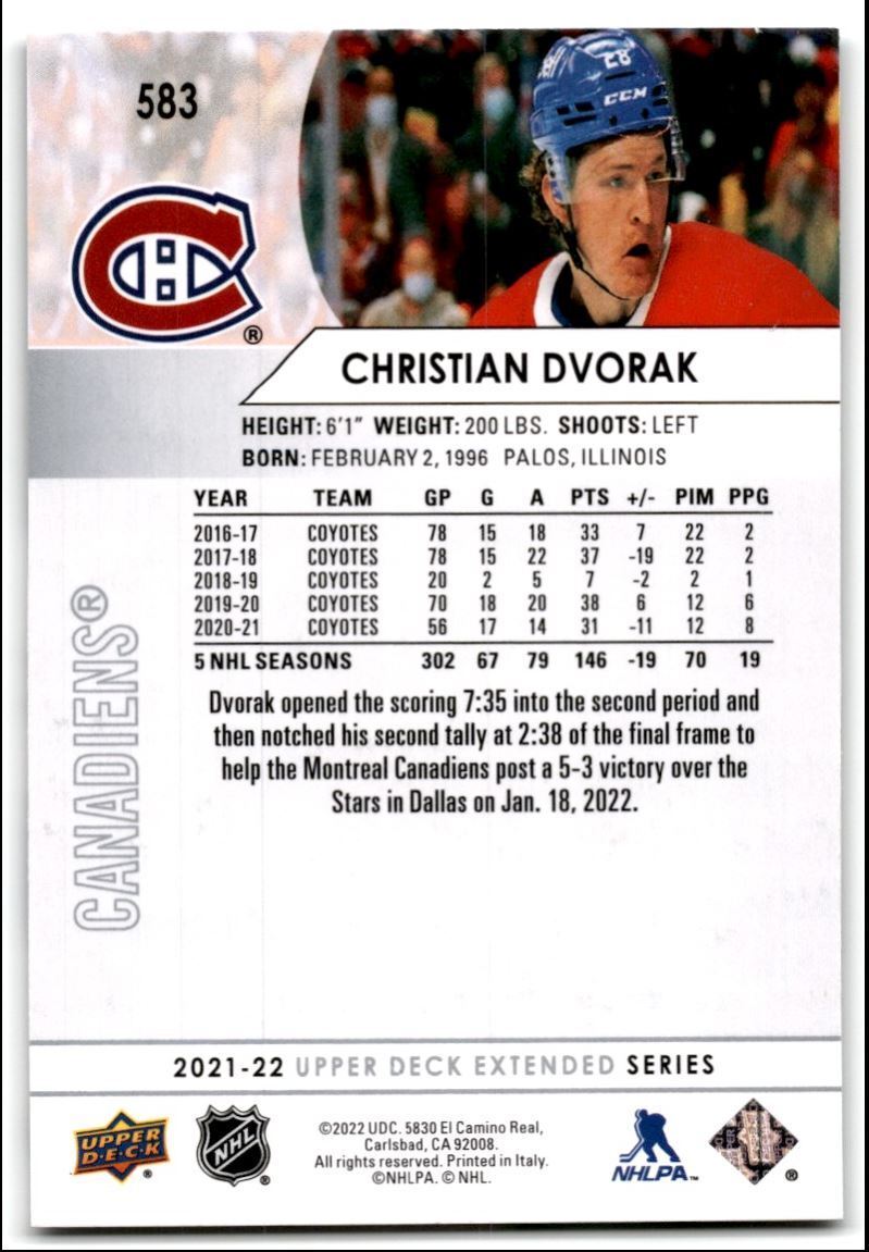 2021-22 Upper Deck Christian Dvorak Montreal Canadiens #583