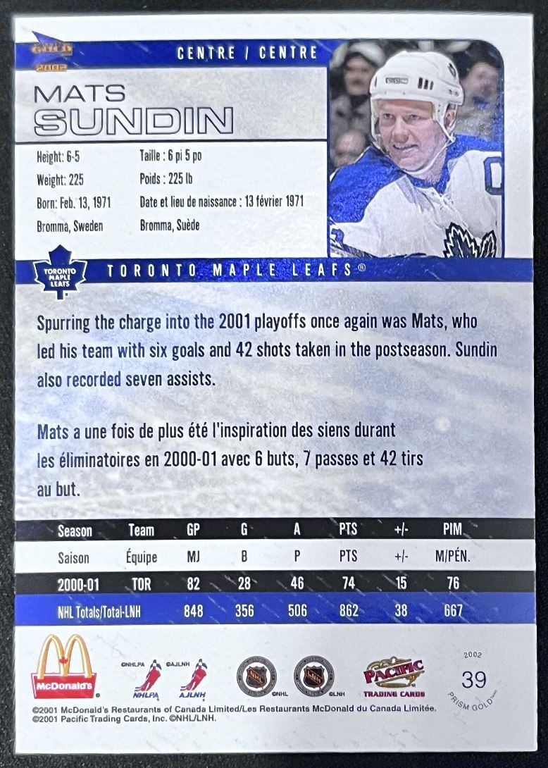 2001-02 Pacific McDonald's Mats Sundin Toronto Maple Leafs #39