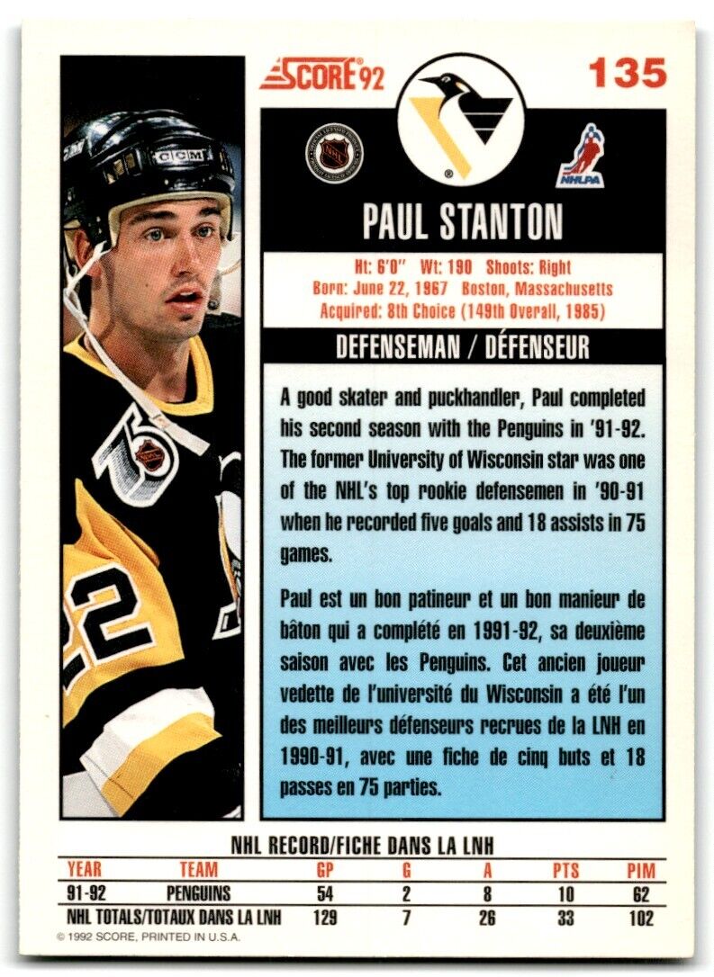 1992-93 Score Paul Stanton Pittsburgh Penguins #135