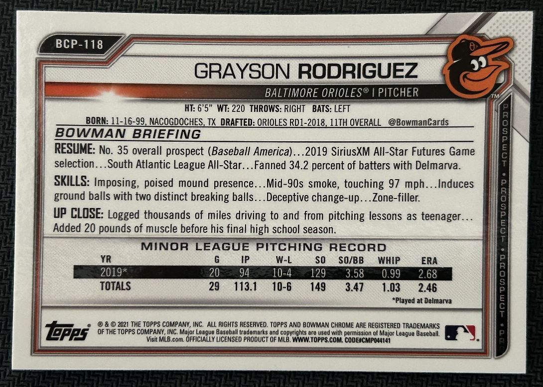 2021 Bowman Chrome Prospects Grayson Rodriguez Baltimore Orioles #BCP-118