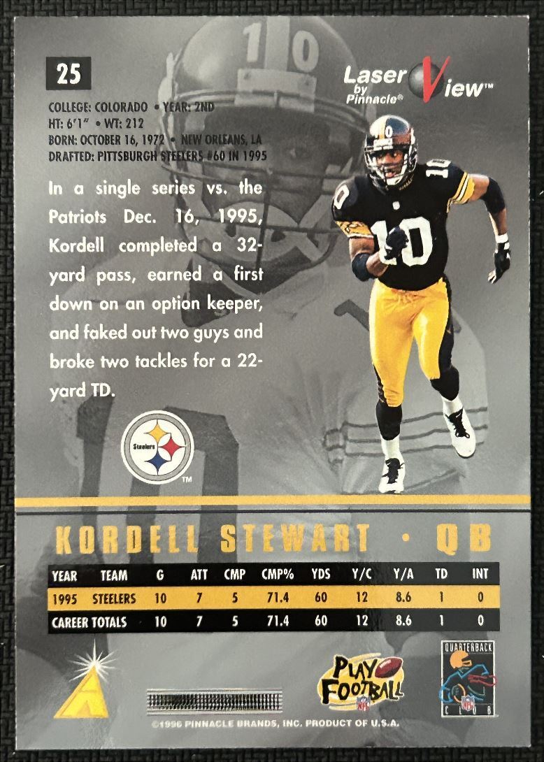 1996 Pinnacle Laser View Hologram Kordell Stewart Pittsburgh Steelers #25