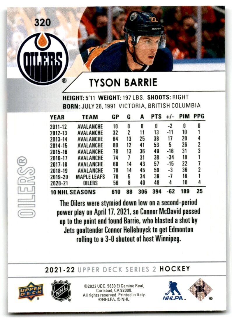 2021-22 Upper Deck Tyson Barrie Edmonton Oilers #320