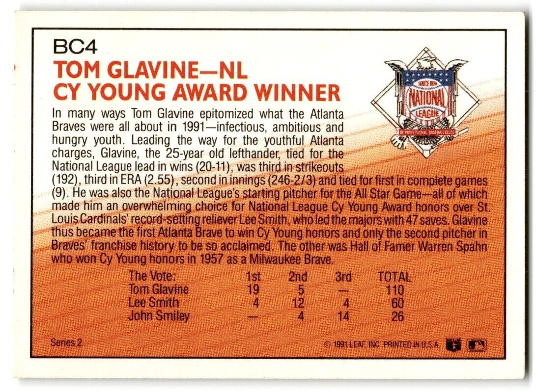 1992 Donruss Tom Glavine Atlanta Braves #BC4