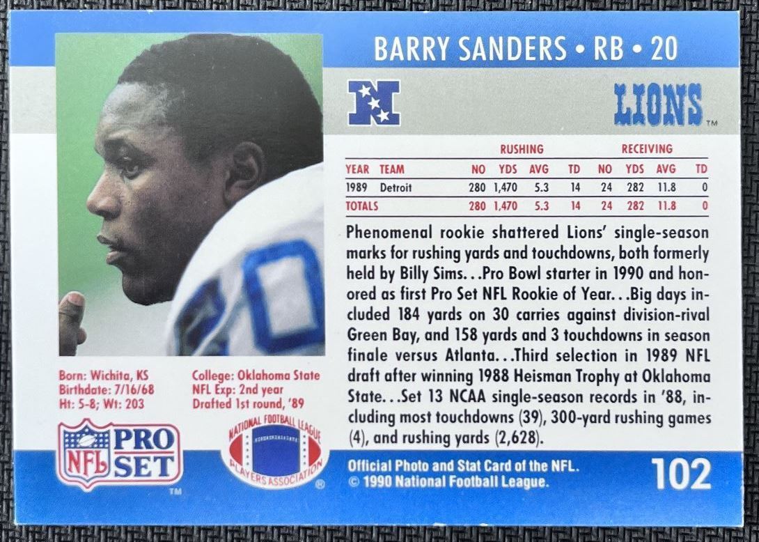 1990 Pro Set Barry Sanders Detroit Lions #102