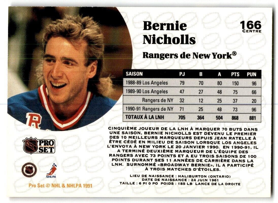 1991-92 Pro Set French Bernie Nicholls New York Rangers #166