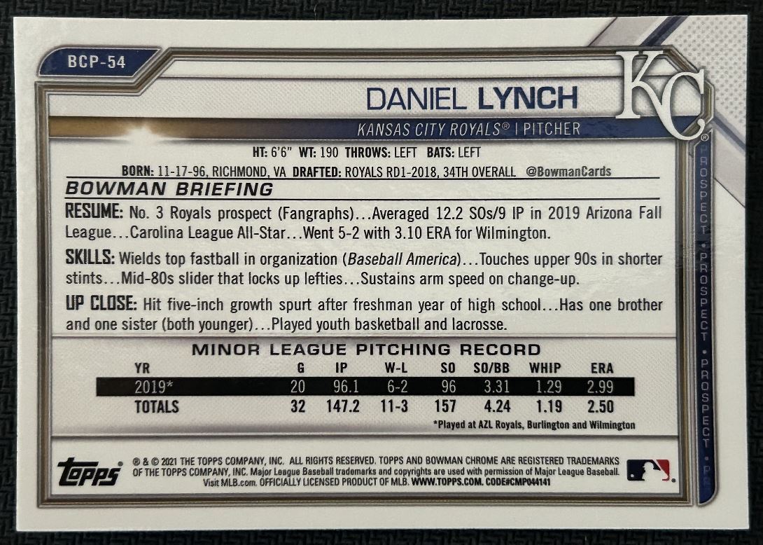 2021 Bowman Chrome Prospects Daniel Lynch Kansas City Royals #BCP-54