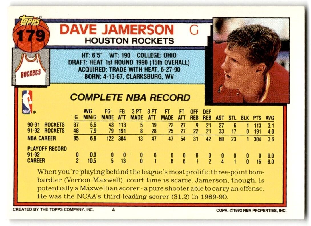 1992-93 Topps Dave Jamerson Houston Rockets #179