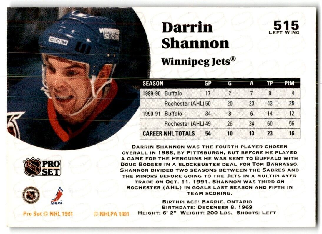 1991-92 Pro Set Darrin Shannon Winnipeg Jets #515