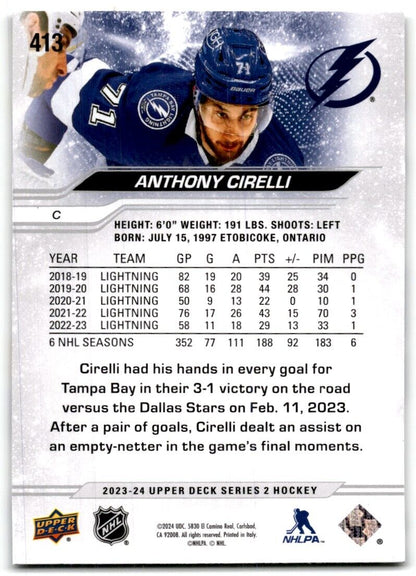 2023-24 Upper Deck Anthony Cirelli Tampa Bay Lightning #413