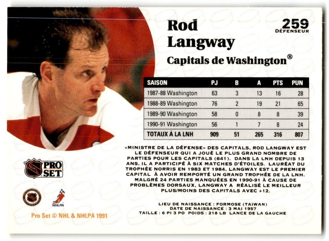 1991-92 Pro Set French Rod Langway Washington Capitals #259