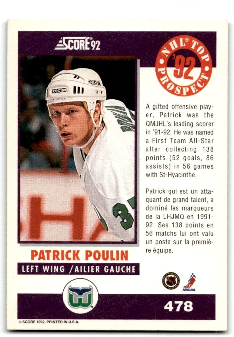 1992-93 Score Canadian Patrick Poulin Hartford Whalers #478