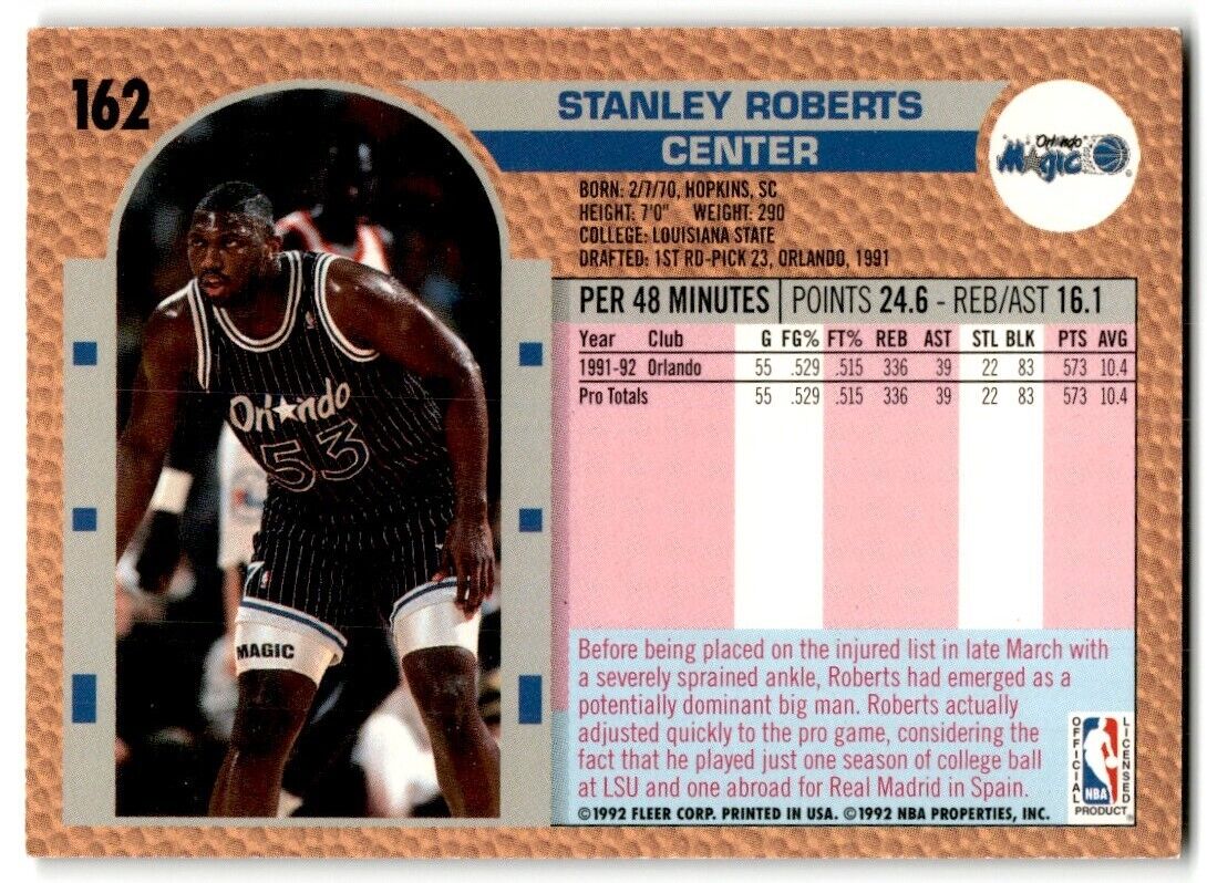 1992-93 Fleer Stanley Roberts Orlando Magic #162