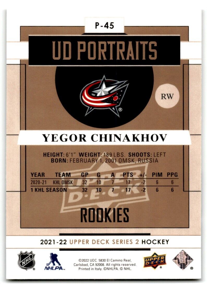 2021-22 Upper Deck UD Portraits Yegor Chinakhov Columbus Blue Jackets #P-45