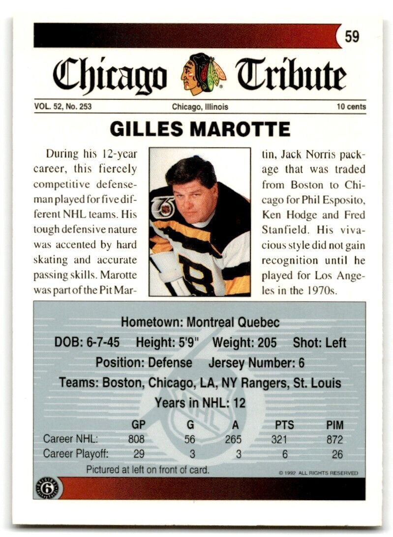 1991-92 Ultimate Original 6 Gilles Marotte Chicago Blackhawks #59