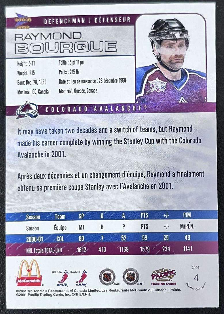 2000-01 Upper Deck McDonald's Prism Gold Raymond Bourque Colorado Avalanche #4