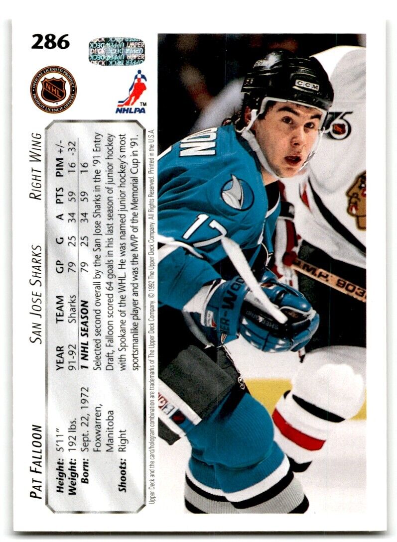 1992-93 Upper Deck Pat Falloon San Jose Sharks #286