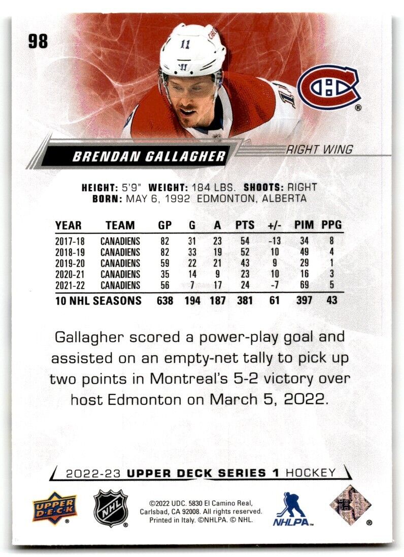 2022-23 Upper Deck Brendan Gallagher Montreal Canadiens #98