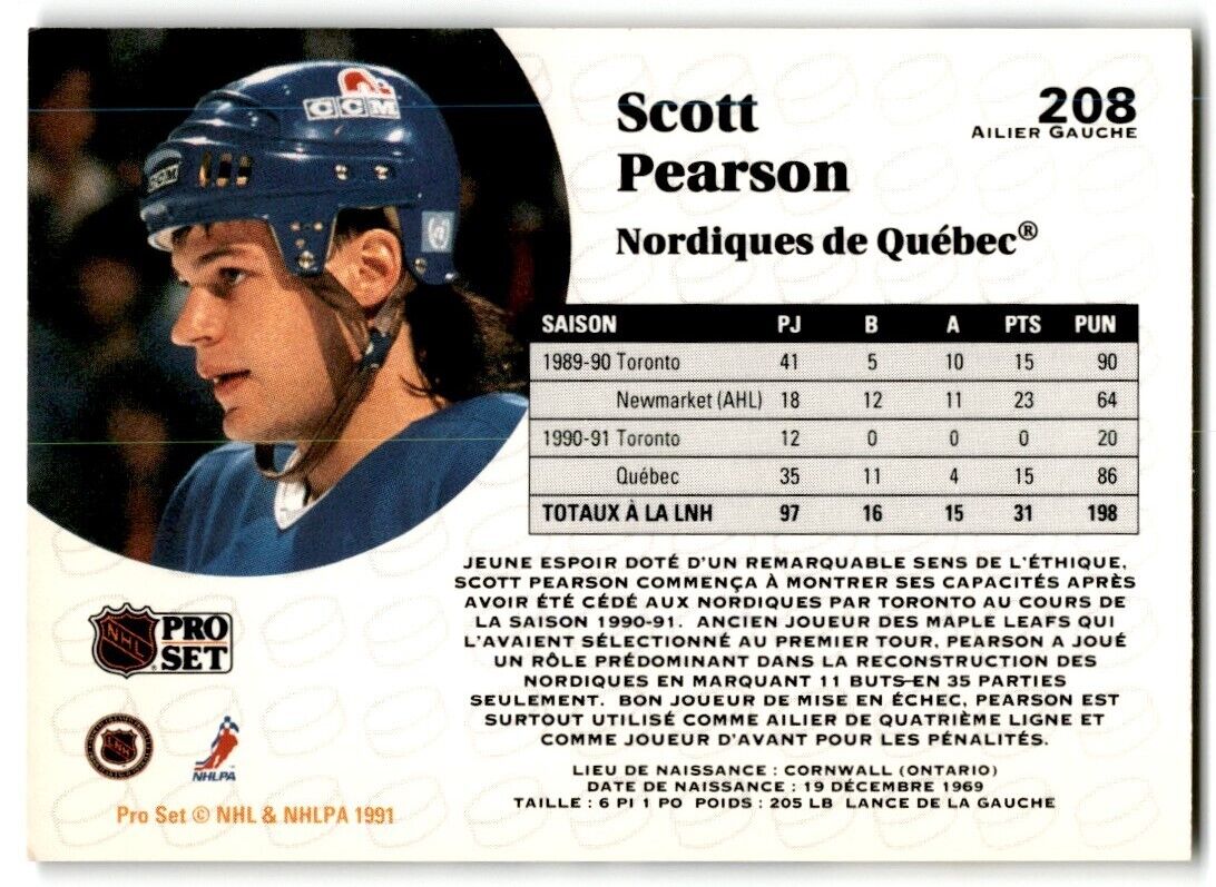 1991-92 Pro Set French Scott Pearson Quebec Nordiques #208