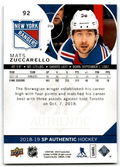 2018-19 SP Authentic Mats Zuccarello New York Rangers #92