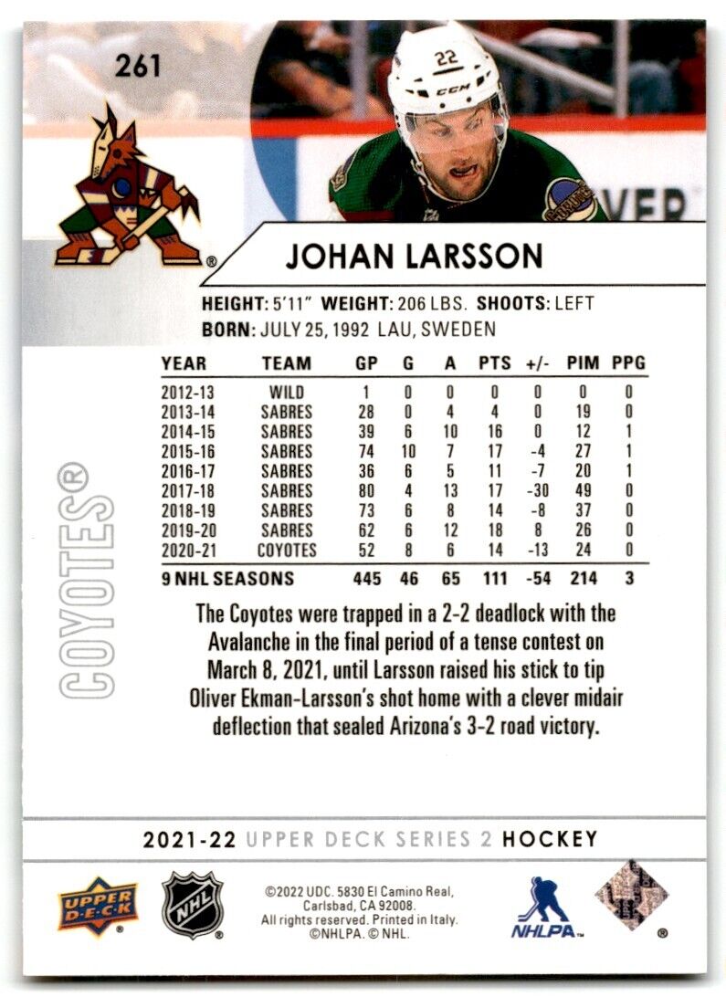 2021-22 Upper Deck Johan Larsson Arizona Coyotes #261