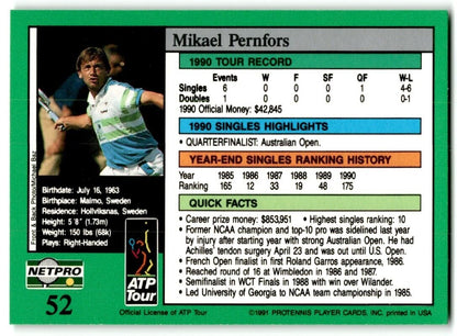 1991 Protennis player Cards Netpro Tour Star Mikael Pernfors #52