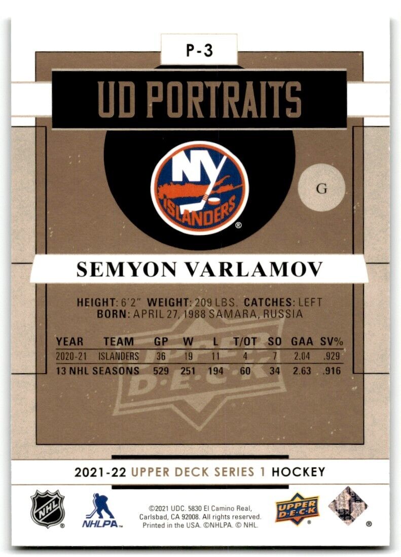 2021-22 Upper Deck Portrait Semyon Varlamov New York Islanders #P-3