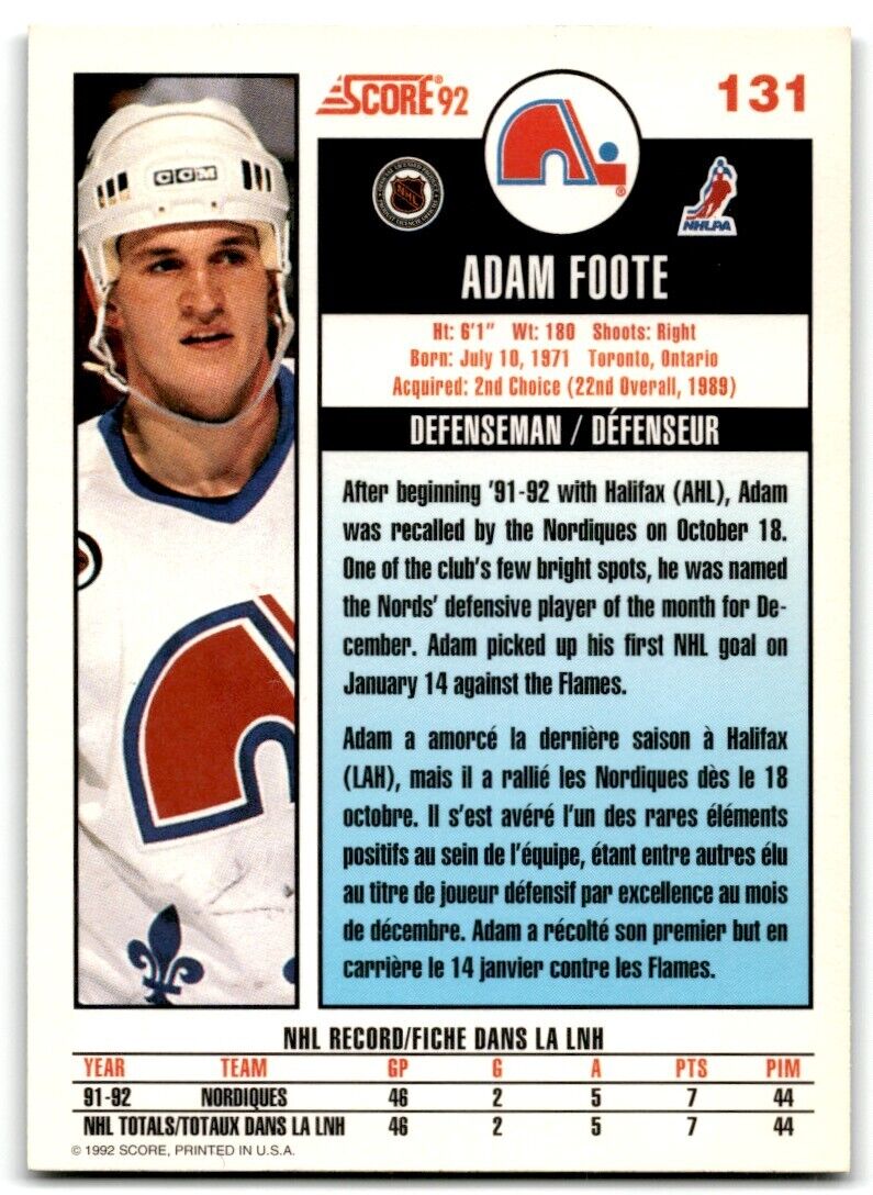 1992-93 Score Adam Foote Quebec Nordiques #131