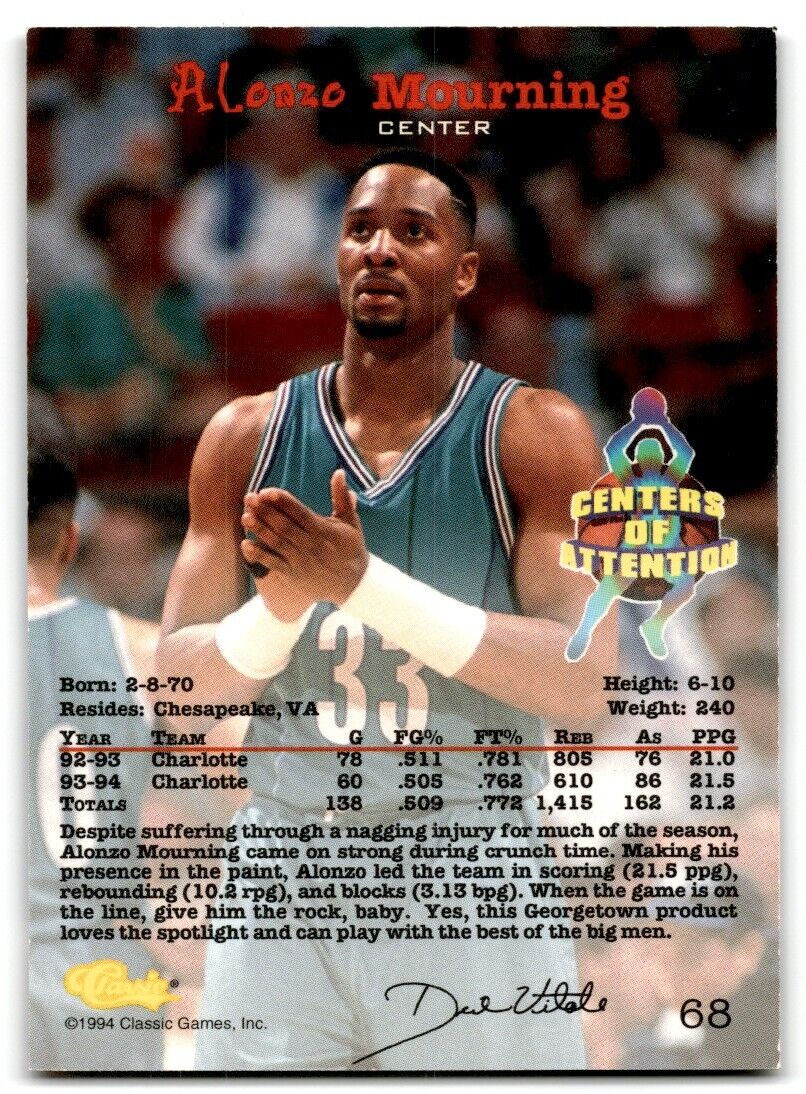 1994-95 Classic Draft Alonzo Mourning Charlotte Hornets #68