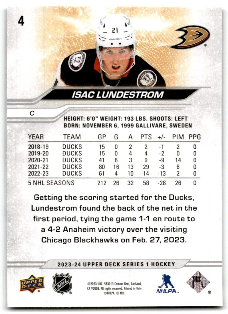 2023-24 Upper Deck Isac Lundestrom Anaheim Ducks #4