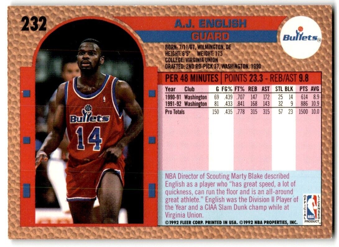 1992-93 Fleer A.J. English Washington Bullets #232