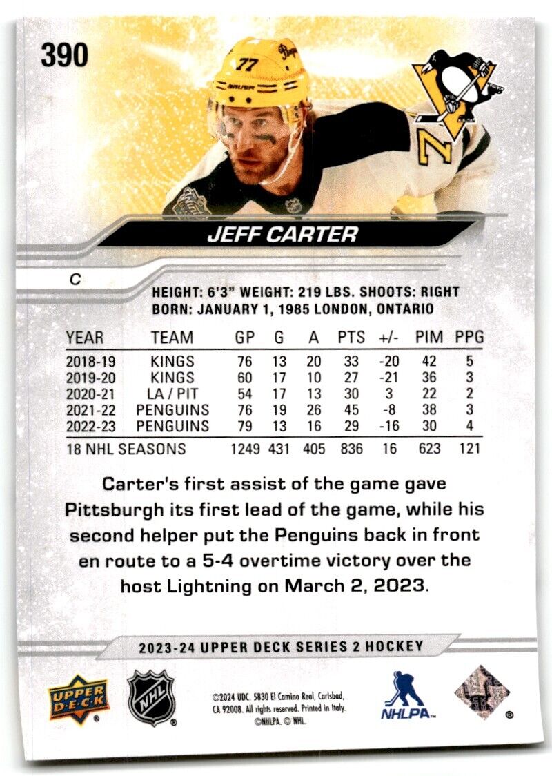 2023-24 Upper Deck Jeff Carter Pittsburgh Penguins #390