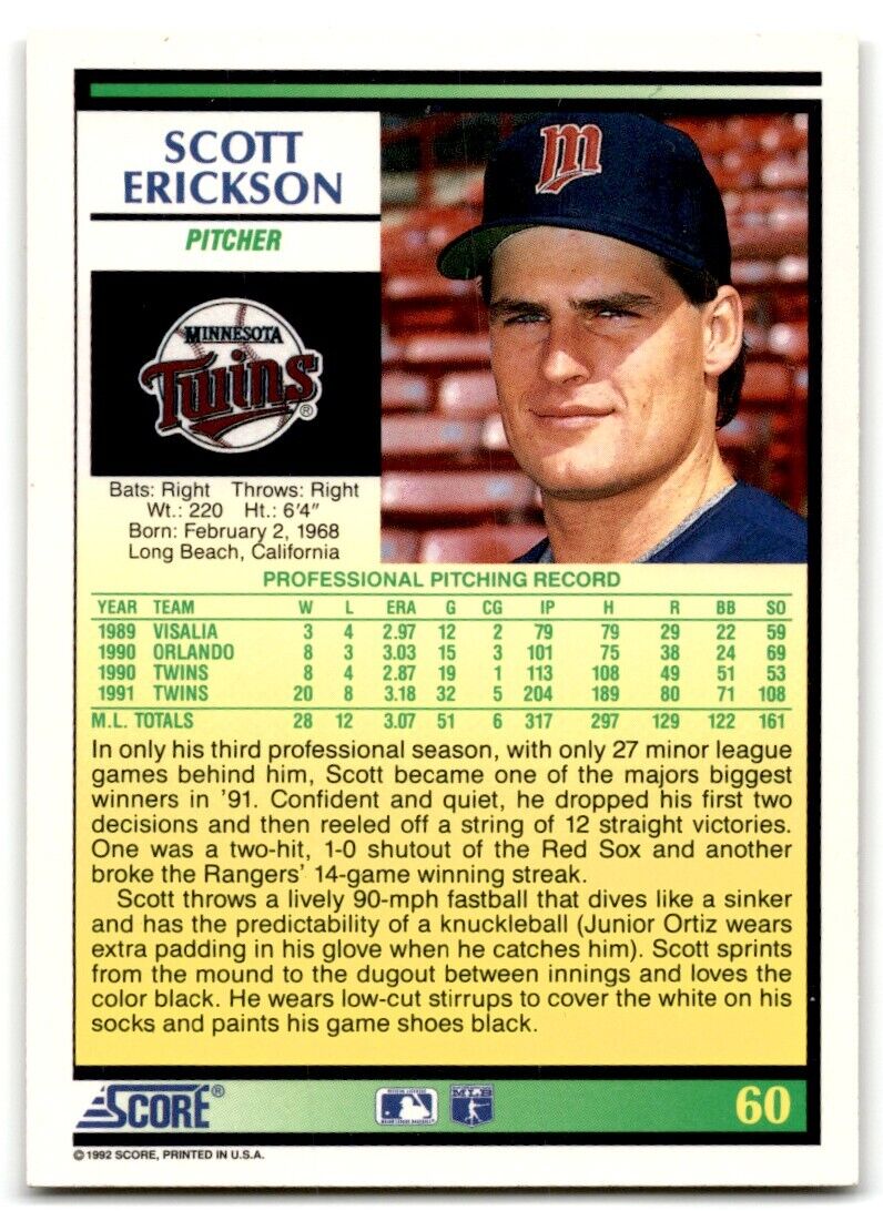 1992 Score Scott Erickson Minnesota Twins #60