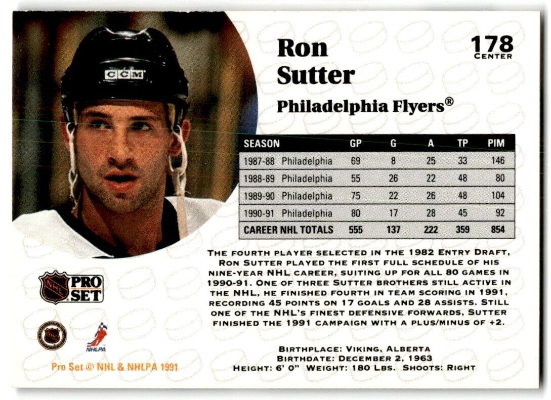 1991-92 Pro Set Ron Sutter Philadelphia Flyers #178