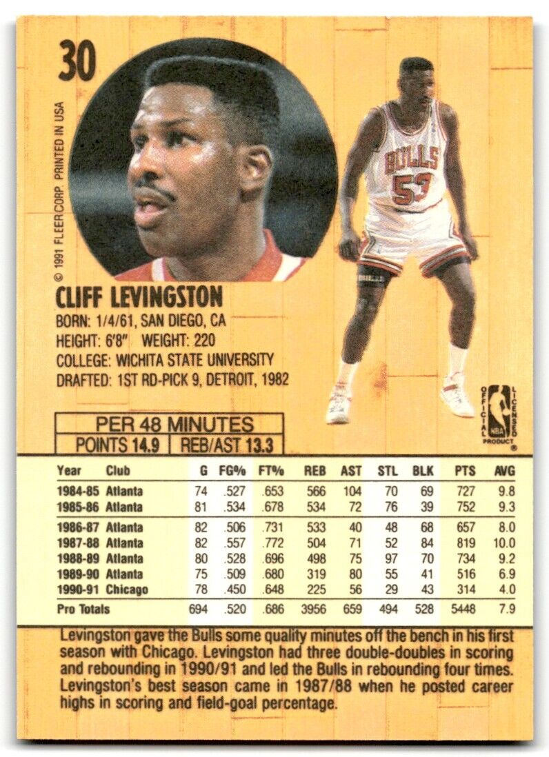 1991-92 Fleer Cliff Levingston Chicago Bulls #30