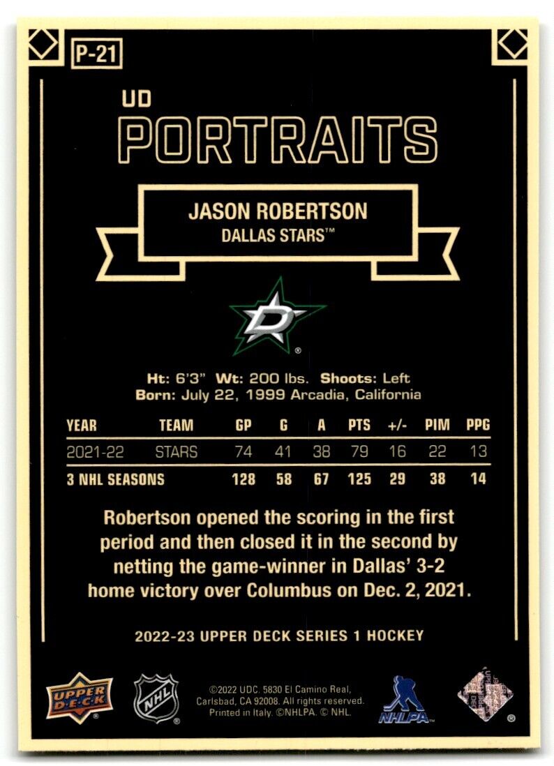 2022-23 Upper Deck UD Portraits Jason Robertson Dallas Stars #P-21