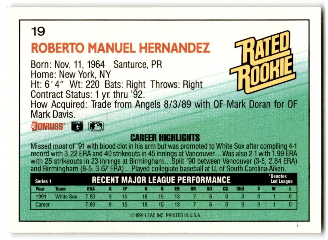 1992 Donruss Roberto Hernandez Rookie Chicago White Sox #19