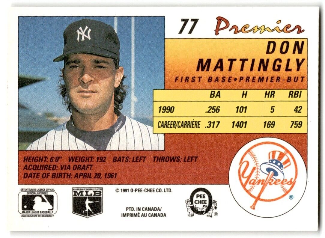 1991 O-Pee-Chee Premier Don Mattingly New York Yankees #77