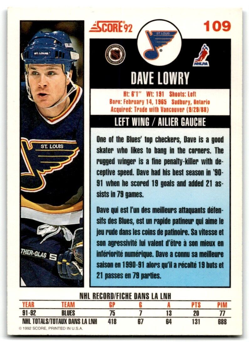 1992-93 Score Dave Lowry St. Louis Blues #109