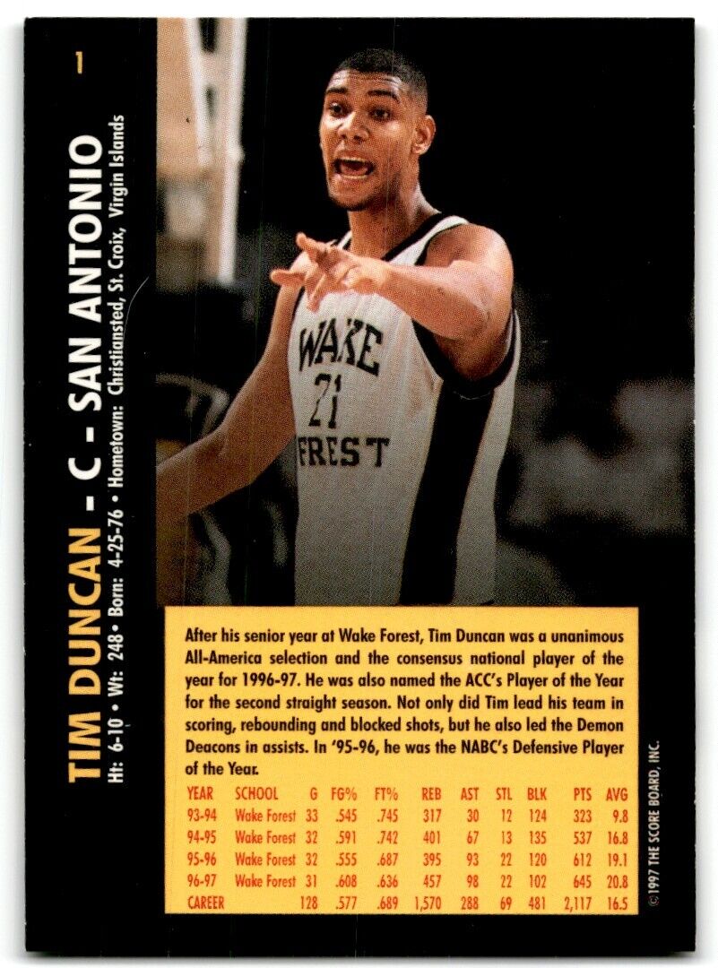 1997-98 Score Board Rookies Tim Duncan Wake Forest Demon Deacons #1