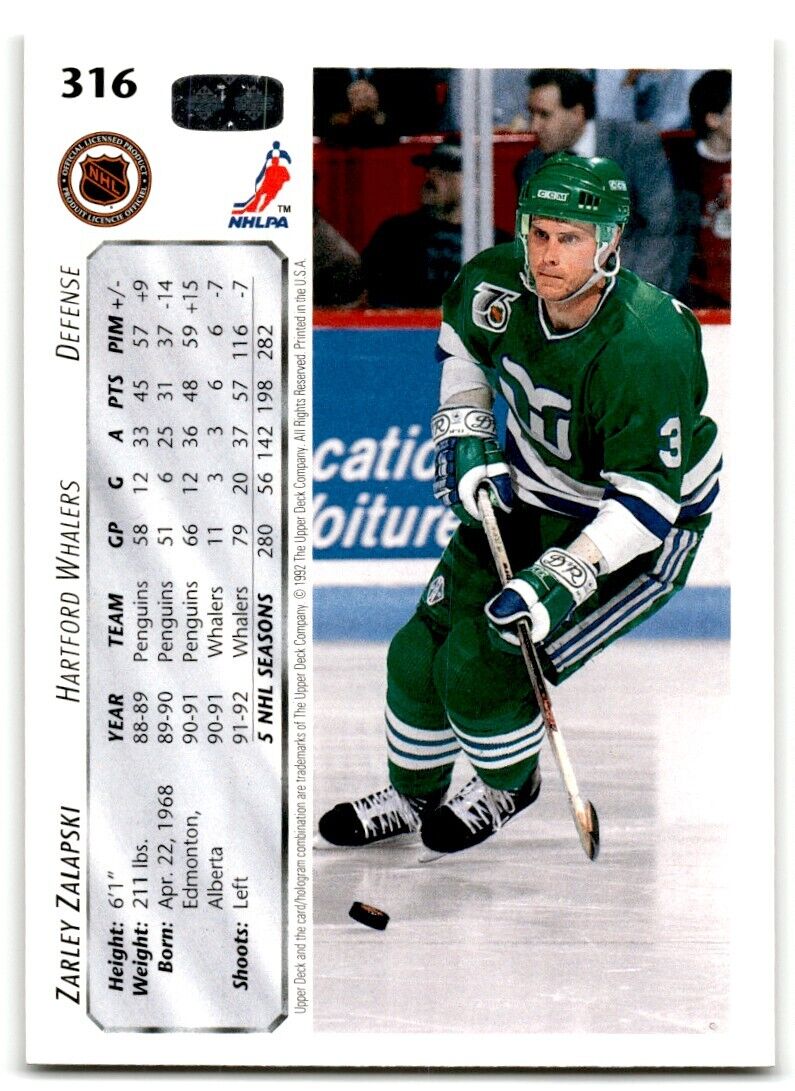 1992-93 Upper Deck Zarley Zalapski Hartford Whalers #316