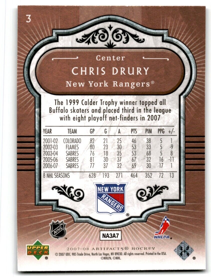 2007-08 Upper Deck Artifacts Chris Drury New York Rangers #3