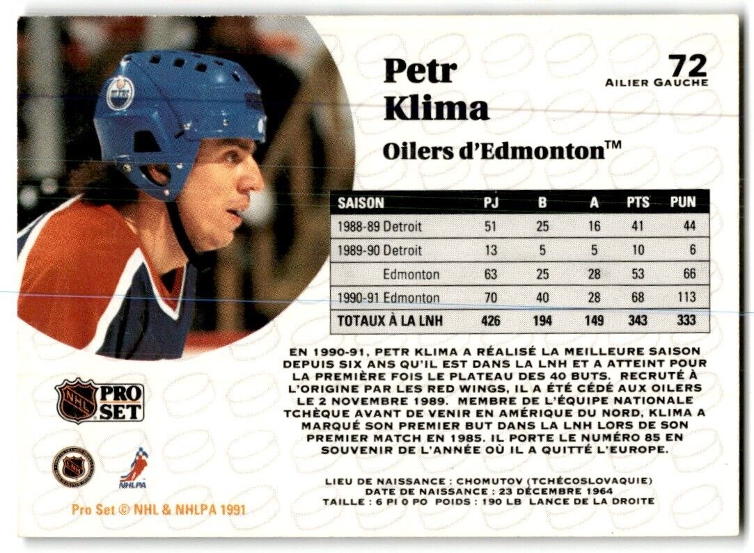 1991-92 Pro Set French Petr Klima Edmonton Oilers #72