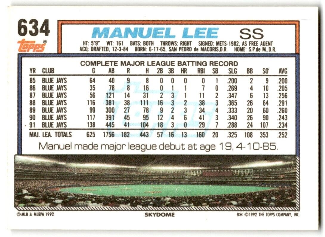 1992 Topps Manuel Lee Toronto Blue Jays #634