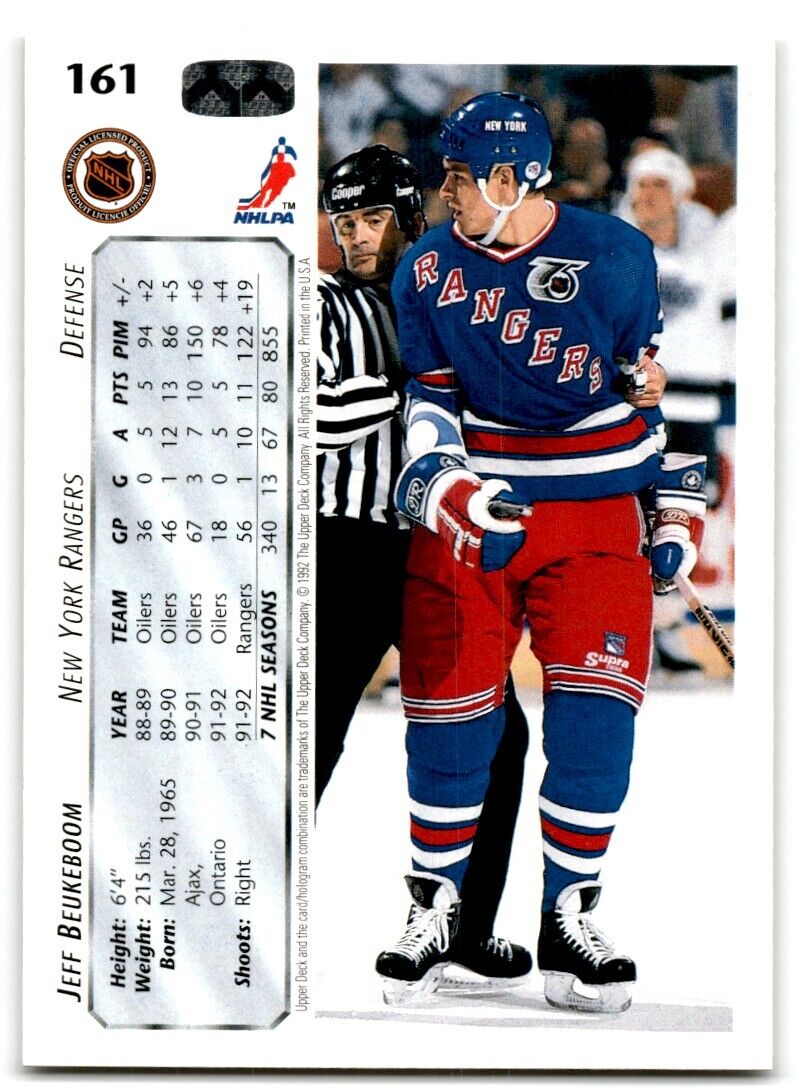 1992-93 Upper Deck Jeff Beukeboom New York Rangers #161