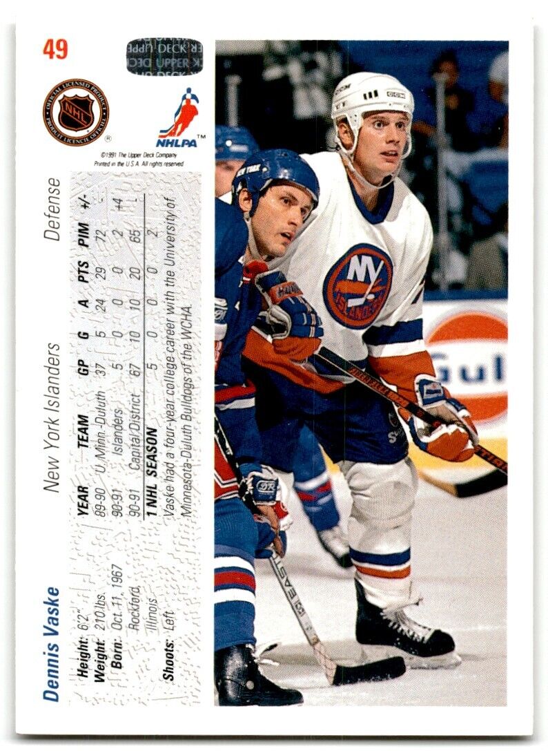 1991-92 Upper Deck Dennis Vaske Rookie New York Islanders #49