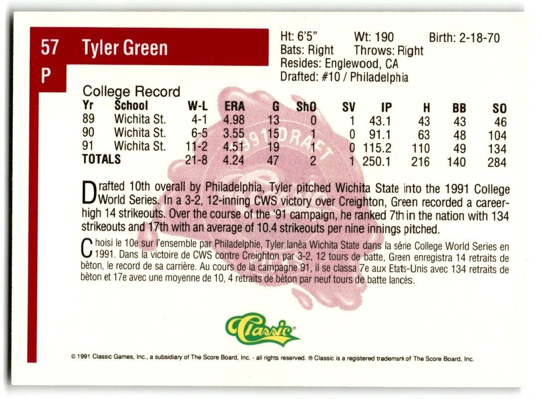 1991 Classic Draft Picks Tyler Green Philadelphia Phillies #7