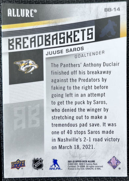 2021-22 Upper Deck Allure Breadbaskets Juuse Saros Nashville Predators #BB-14