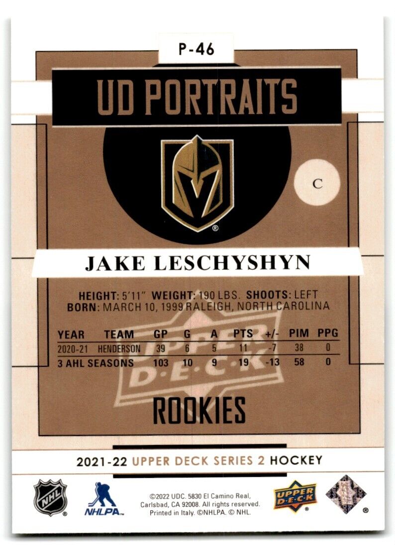 2021-22 Upper Deck UD Portraits Jake Leschyshyn Vegas Golden Knights #P-46